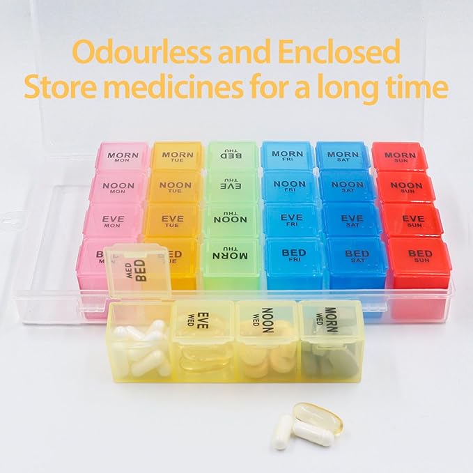 4Pack Weekly Pill Organizer 4 Times a Day, 7-Day Pill Boxes, Monthly Medication Organizer 28 Days Portable Compartments & Moisture-Proof Outer Case for Vitamins, Fish Oils, Supplements(Color)