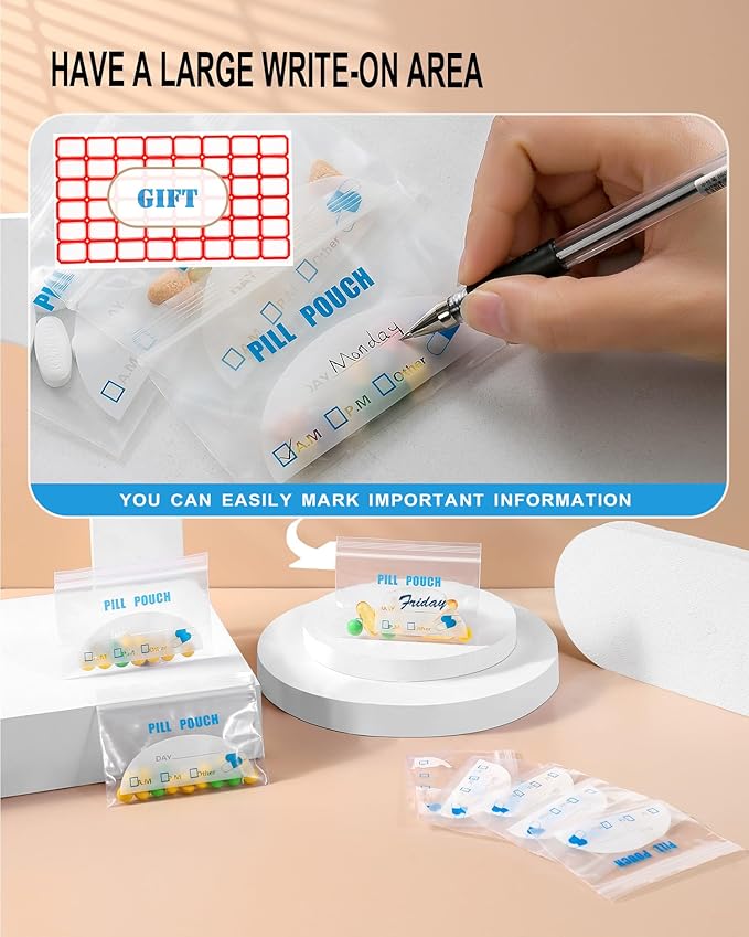100 Pack Pill Pouch Bags - (4" X 2.75") Thickness is 6 Mil, Portable Plastic Pills Bag Hold Vitamin, Supplements, Medication, and Vitamin Storage