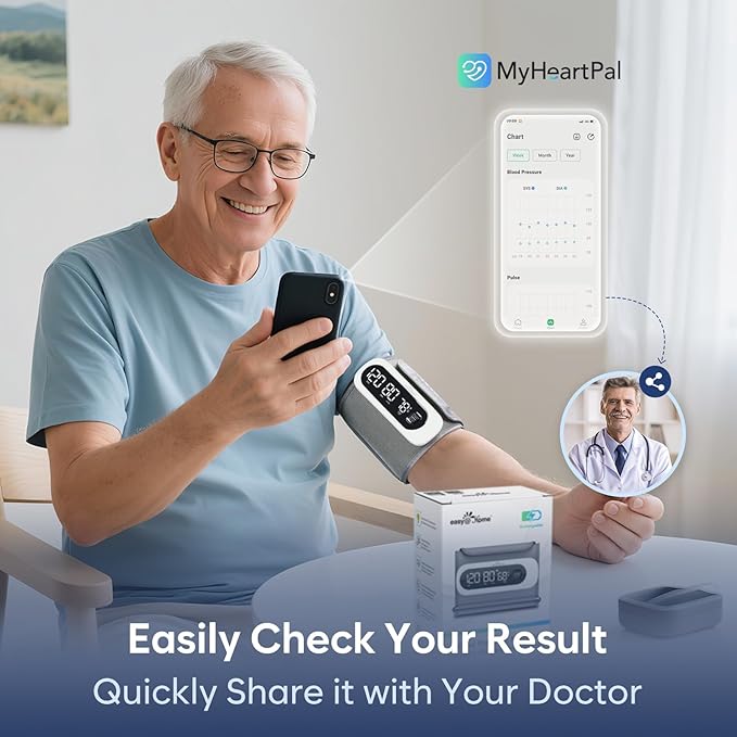 Wireless Bluetooth Blood Pressure Monitor for Home Use: Easy@Home Rechargeable BP Machine with Large Cuff, Free MyHeartPal App, One-Piece Design, Compact & Portable, iOS & Android Compatible, EBP-96B