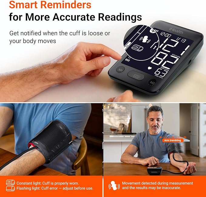 iHealth Accu Blood Pressure Monitor – 4.5" Large LCD(Black), Clinically Accurate, Irregular Heartbeat Alert, Body & Cuff Detection, Bluetooth Sync, Large 8.6"–17" Cuff– Easy for Seniors & Adults