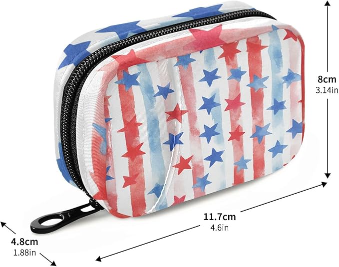 July 4th Stripes Stars White Travel Pill Organizer Case Box Container Weekly Portable Vitamin Medicine Holder Storage Bag with Zipper Removable