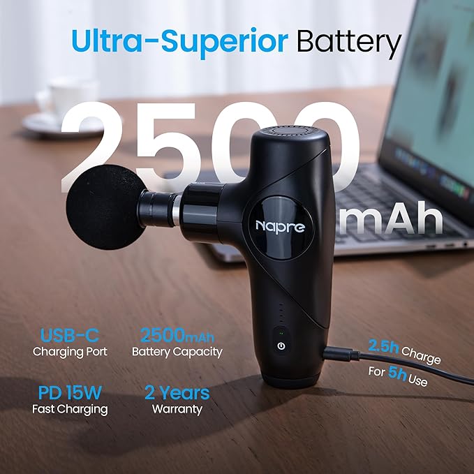 NAPRE 3-in-1 Detachable Massage Gun with Heat,Mini Massage Gun Deep Tissue with Extension Handle,Portable Handheld Percussion Muscle Massager for Back/Neck/Body,Small & Quiet,5 Heads