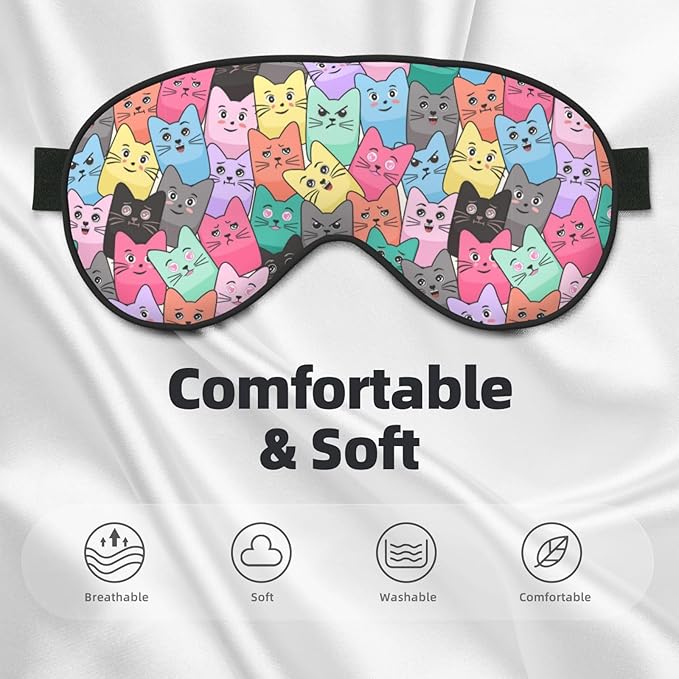 Cute Colorful Cartoon Cat Sleep Mask Eye Mask with Adjustable Strap Eye Sleep Shade Cover Blocks Light for Women Men Airplane Travel Nap