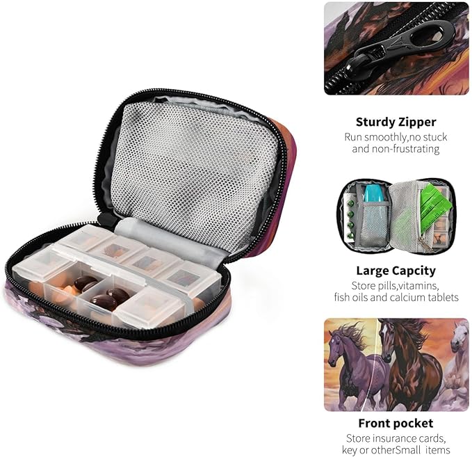 STAYTOP Pill Cases Bag Weekly 7 Day,School Travel Pill Organizer Pill Bottles with 8 Small Pill Boxes for Pills/Vitamin/Fish Oil/Supplements-Running Horse