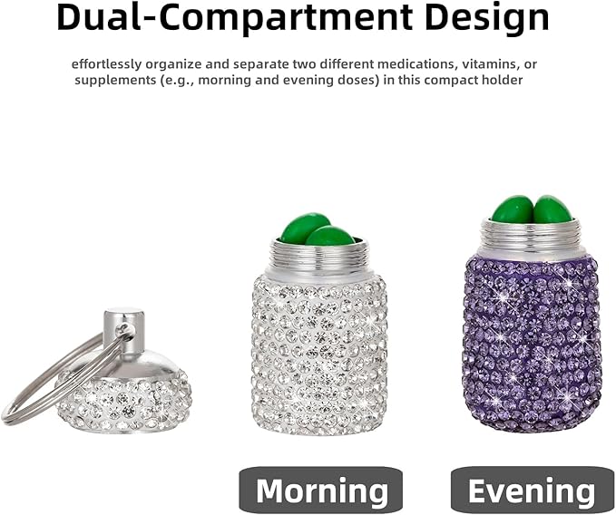 Dual-Compartment Small Pill Holder Keychain Bling Pill Container with Key Chain Travel Pill Organizer Medicine Box for Women (White+Purple)