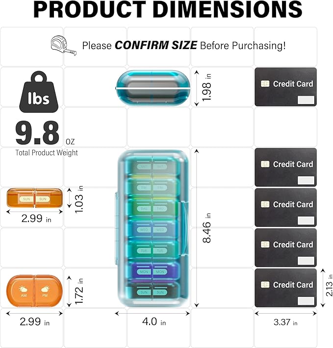 Weekly Pill Organizer 2 Times a Day, Moisture-Proof, Detachable Compartments, AM PM Pill Box 2X 7 Day, Travel Pill Organizer for Pills/Fish Oil/Medication/Vitamin/Supplements (Blue + Colorful)