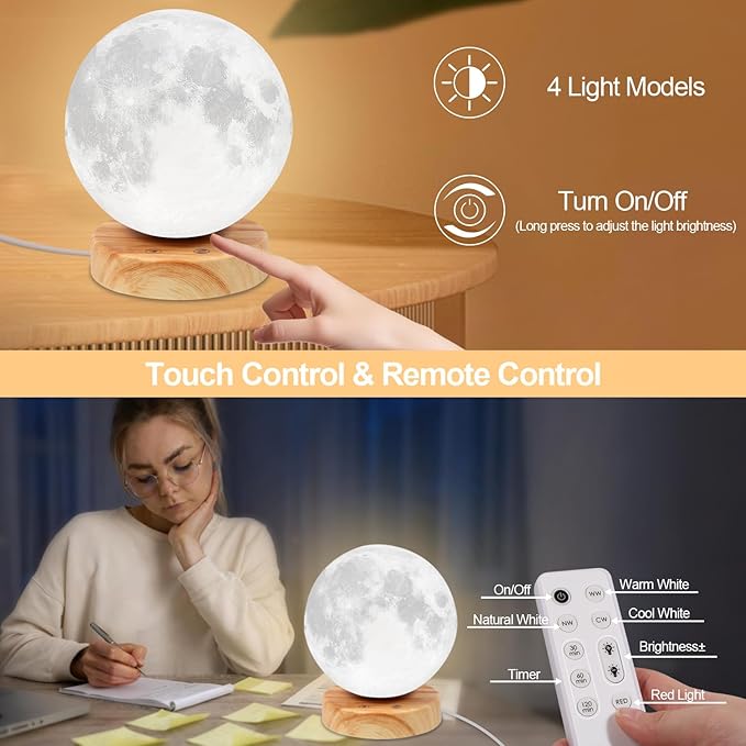 Light Therapy Lamp - 10000 Lux Full Spectrum Sun Lamp, 3 Color Temperatures & 670nm Red Light, Touch/Remote Control, Stepless Dimming, USB Phone Charging, Moon Sunlight Lamp for Home Office