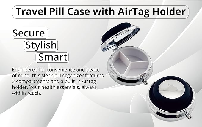 Portable Pill Organizer with AirTag Holder | Metal & Plastic Construction Case | Three Compartments Durable Case | Container Dispenser Holder for Medicine | Silver, Black - Travel Size
