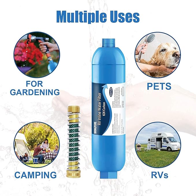 2 Packs of RV Inline/Marine Water Filter With Flexible Hose Protector, NSF Certified, Dedicated for Gardening, RVs, Campers, Trailer, Compatible with 40043 KDF Filter