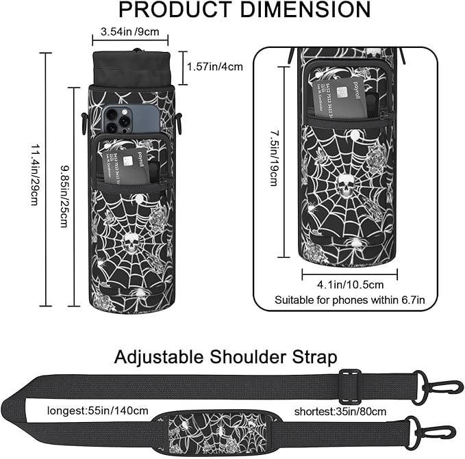 Halloween Water Bottle Sling Bag for 25oz/32oz Tumblers,Adjustable Neoprene Water Bottle Carrier Bag,Insulated Carrier with Shoulder Strap & Phone Pocket - Spider Web Gifts for Women