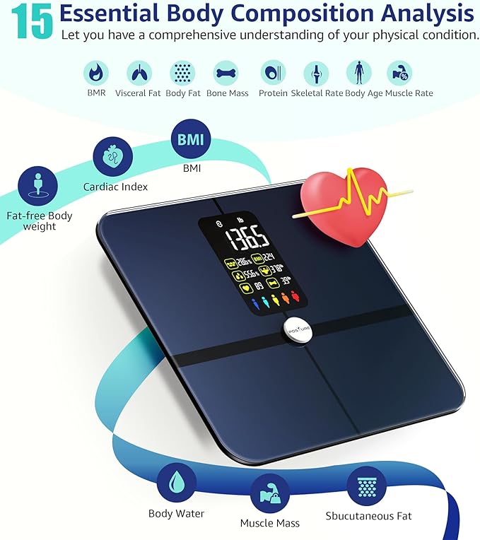 Posture Body Fat Scale, Extra Large Display Digital Bathroom Wireless Weight Scale Composition Analyzer with Heart Rate Heart Index & Body Shape Index with Free APP 400Lb Black