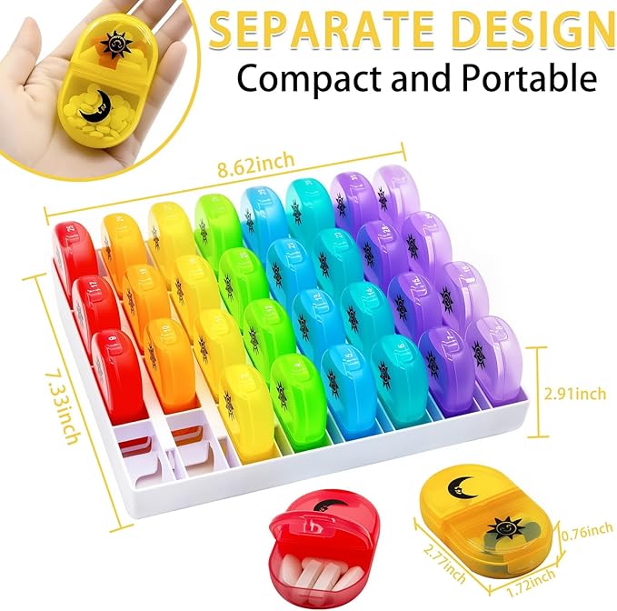 XL Monthly Pill Organizer 2 Times A Day, AM/PM One Month Pill Box 28 Day,Daily Pill Case Large 4 Week Big Compartments for Pills Vitamin Fish Oil Supplements (Black) (Rainbow)