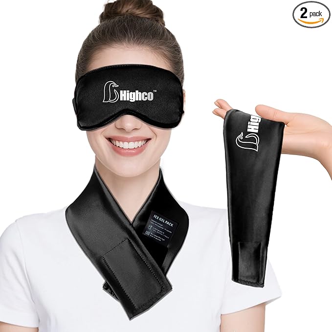 2PCS Migraine Relief Cap Cooling Eye Mask and Neck Ice Pack Wrap,Cooling Gel Eye Mask for Sleep,Ice Pack for Eyes Hot Cold Compression,for Headache,Dark Circles,Puffy Eyes,Migraines Relief,Black