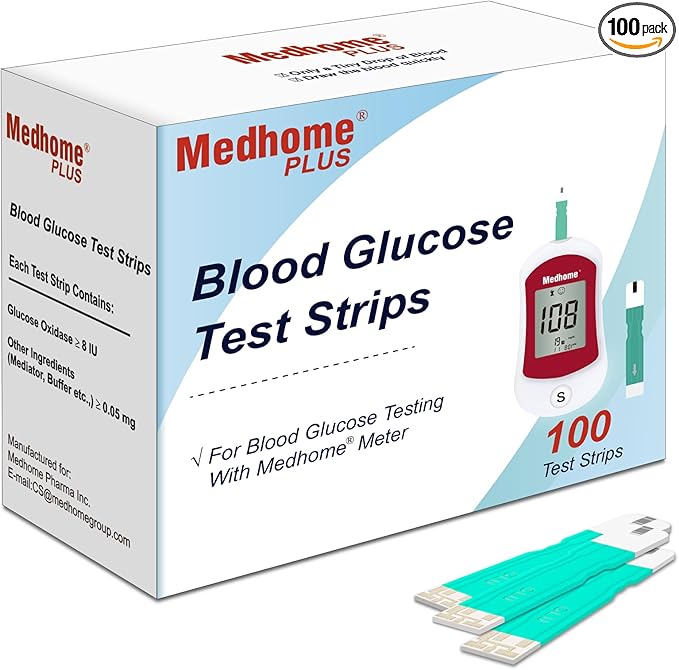 Blood Glucose Test Strips, for use with Medhome Diabetes Glucose Testing Meter,100 Count