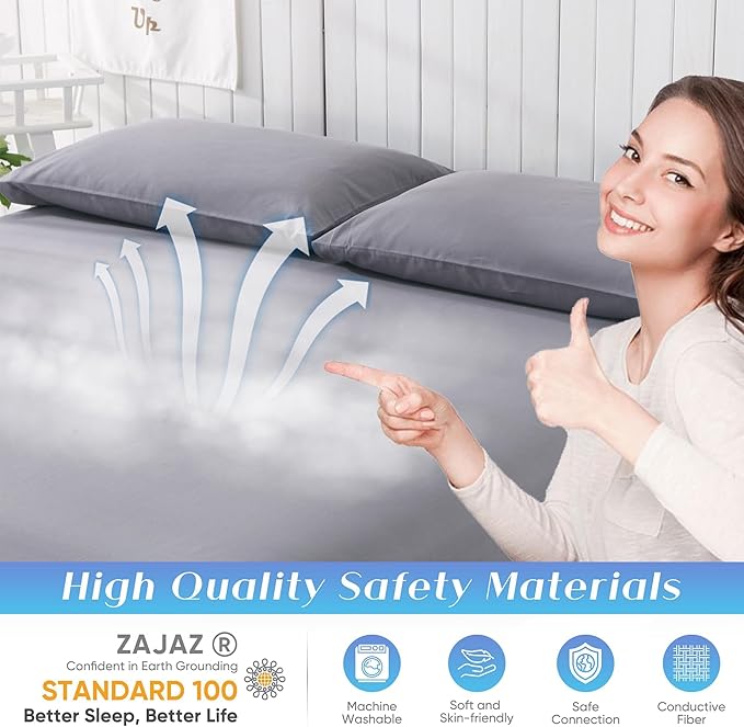 Grounding Sheet Queen Size - 95% Organic Cotton + 5% Pure Silver Fiber, Earth Connected Bedding (60"x 80"x 13" Gray) Fitted with Cord