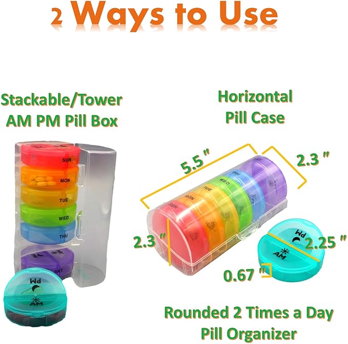 Small Pill Organizer 7 Day Weekly Tower Travel Pills Box Med Dispenser - 4 Times a Day AM PM Noon Night Medicine Container Medication and Vitamin Holder