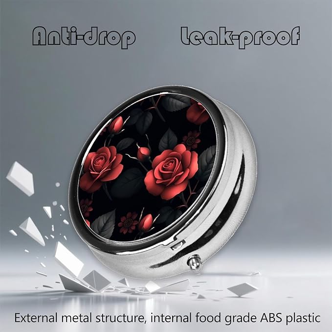 Metal Pill Organizer - 3-Compartment Mini Round Pill Case for Pocket & Purse, Portable Vitamin Holder, Easy-Open Design for Travel - Red Rose