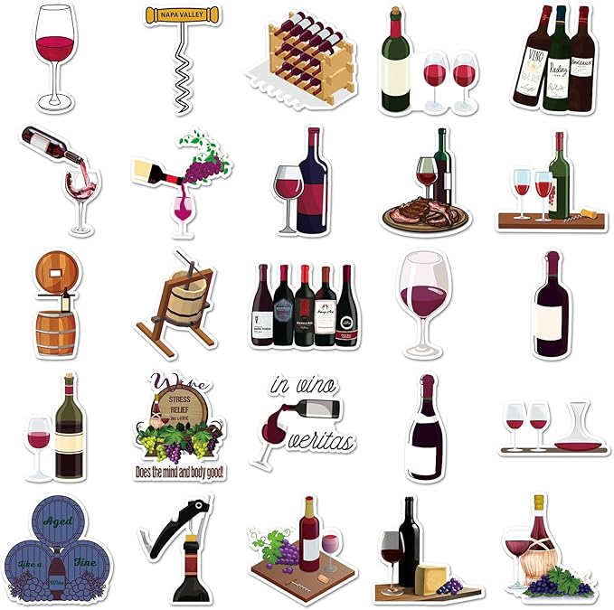 50pcs Red Wine Stickers,Cute Wine Label & Glass Pattern Decals, Waterproof & Durable for Notebook, Wine Bottle, Party Decoration