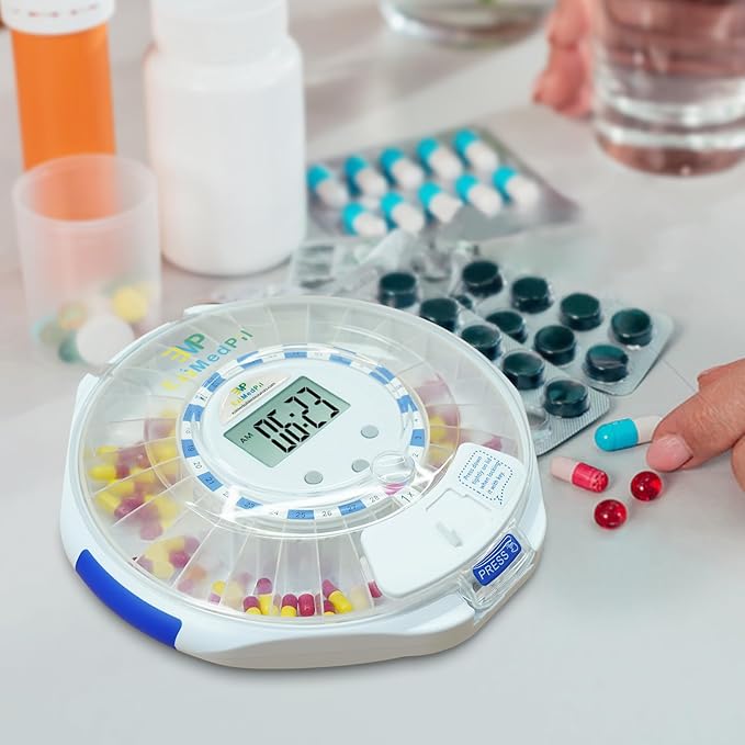 EziMedPil Bluetooth Pill Dispenser w/Sound & Light Alerts, up to 9 Alarms/Daily, Key Lock, LCD & Easy Setup on SmartLife App, 28-Day Medication Dispenser for Prescriptions, Vitamins & More, Clear Lid