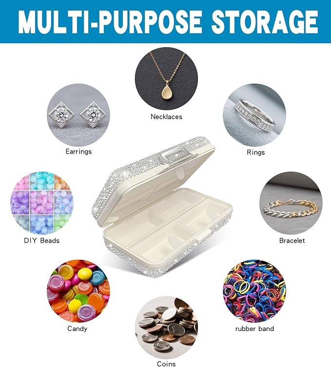 Yivaiks Bling Travel Pill Organizer Crystal Rhinestone 7 Compartments Portable Pill Case Daily Pill Box to Hold Vitamins Small Pill Container for Pocket Purse Medicine Organizer(White)