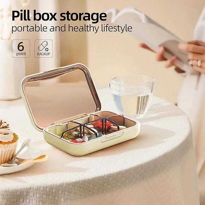 Portable Pill Box, Pill Organizer with 6 Compartments, Daily Medicine Pill Case, Pocket Size Pill Box for Travel, BPA Free Small Pill Container for Vitamins, Fish Oil, Supplements (White)