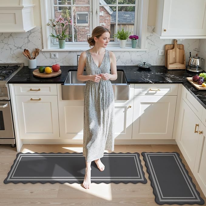 KIMODE Anti Fatigue Mats for Kitchen Floor 17"x59"+17"x29", Dark Grey Farmhouse Kitchen Rugs Sets of 2, Cushioned Kitchen Floor Mat Non Skid, Memory Foam Kitchen Mat for Laundry Office Sink Desk