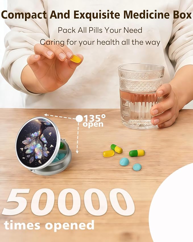 LRITER Pill Case, Portable Travel Pill Box, Pillbox Organizer, Cute Small Medicine Storage Container, Purse Accessories for Women, Men (Butterfly Tree)