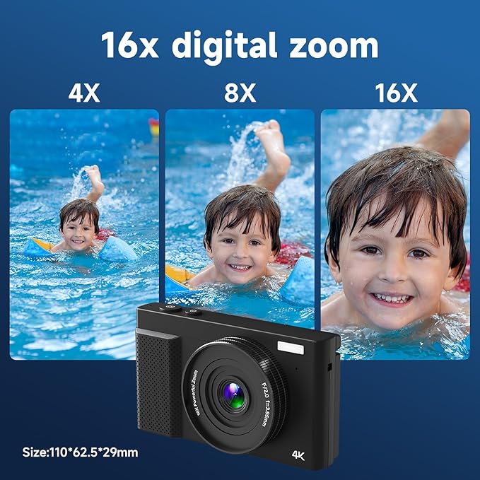 4K Digital Camera for Photography, 64MP Vlogging Video Camera for YouTube with 3'' 180°Flip Screen, 64GB Micro SD Card, 16x Digital Zoom Point Shoot Compact Travel Vintage Cameras (Black)