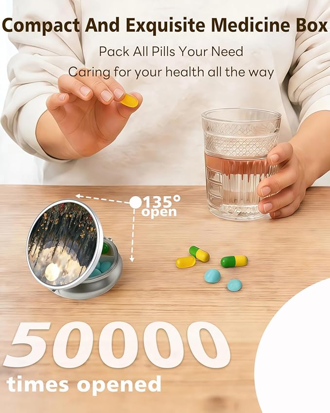 LRITER Pill Case, Portable Travel Pill Box, Pillbox Organizer, Cute Small Medicine Storage Container, Purse Accessories for Women, Men (Sunset Forest)