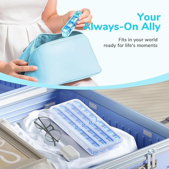 Colorwing 31-Day Premium Monthly Pill Organizer, 4 Weeks Travel Medicine Organizer with 32 Compartments for Daily/Month, 30 Day Pill Box Organizer, Portable Travel Pill Cases（Blue）