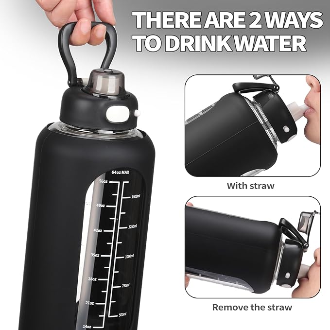 SIEROZUR 42 oz Glass Water Bottle with Straw and Handle Half Gallon Large Water Bottle with Silicone Sleeve and Time Marker Sports Water Jug Wide Mouth for Travel Gym