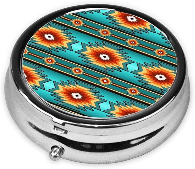 Pill Box Three-Compartment Medicine Pill Case, Portable Medicine Tablet Holder Organizer for Purse Pocket Travel Gift, Ethnic Aztec Turquoise Geometric Indiana Western Southwest Pattern