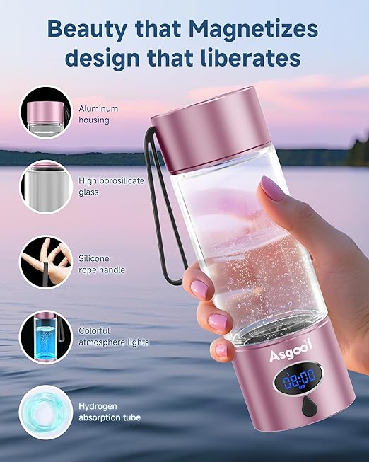 Hydrogen Water Bottle - 5000 PPB in 8 Minutes, Cyclic Mode for 8 Hours, Self Clean, Aluminum & Glass, for Travel Sports Office Home, Gift for Father Mom Family Friends Clients(Pink, 12Oz)
