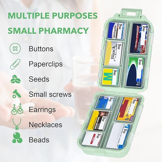 Large Travel Pill Organizer with Medicine Labels, 10 Compartments Travel Medicine Organizer Daily Pill Container Travel Pill Box Purse Pill Case (Green, 189 Lables)