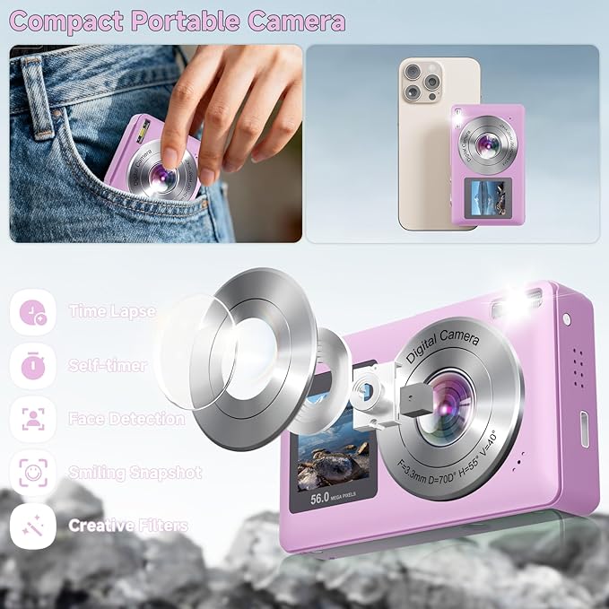 Digital Camera, 56MP 2.7K Dual-Screen Selfie Camera with 16X Zoom, 20 Filters & Anti-Shake, Portable Point and Shoot Digital Cameras with 32GB Card, Compact Travel Cameras for Beginners Teens Kids