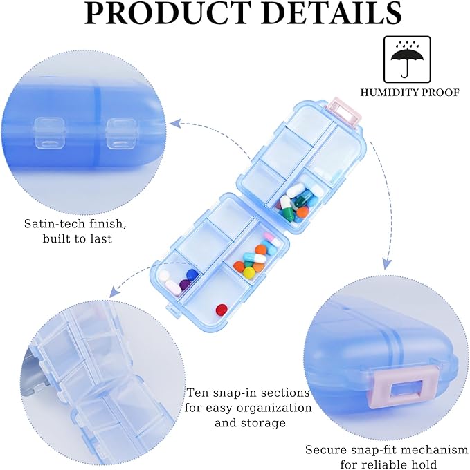 2Pack Travel Pill Organizer - 10 Compartments Pill Case with 64 Stickers, Pill Organizer 2 Times A Day, 10 Days Portable Compartments for Vitamins, Fish Oils, Supplements(Blue)