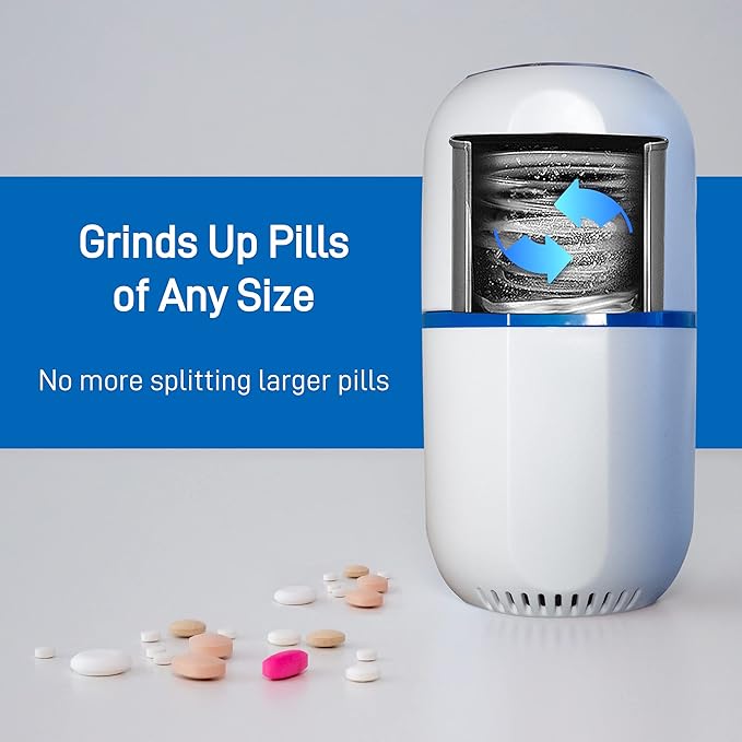 Electric Pill Crusher Grinder - Fine Powder Electronic Pulverizer for Small & Large Medication & Vitamin Tablets - Comes with Pill Organizer, Brush, Spoon, Cloth & Stainless Steel Blades by Pill Mill