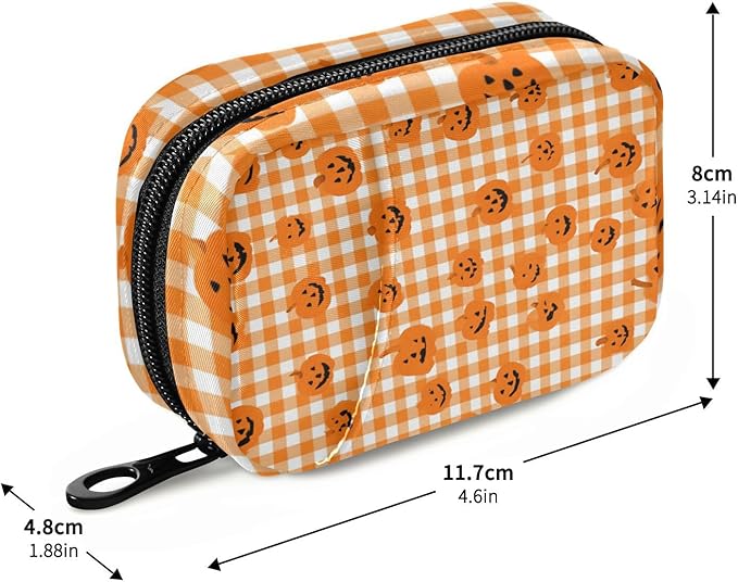 Halloween Orange Plaid Pumpkins Travel Pill Organizer Case Box Container Weekly Portable Vitamin Medicine Holder Storage Bag with Zipper Removable