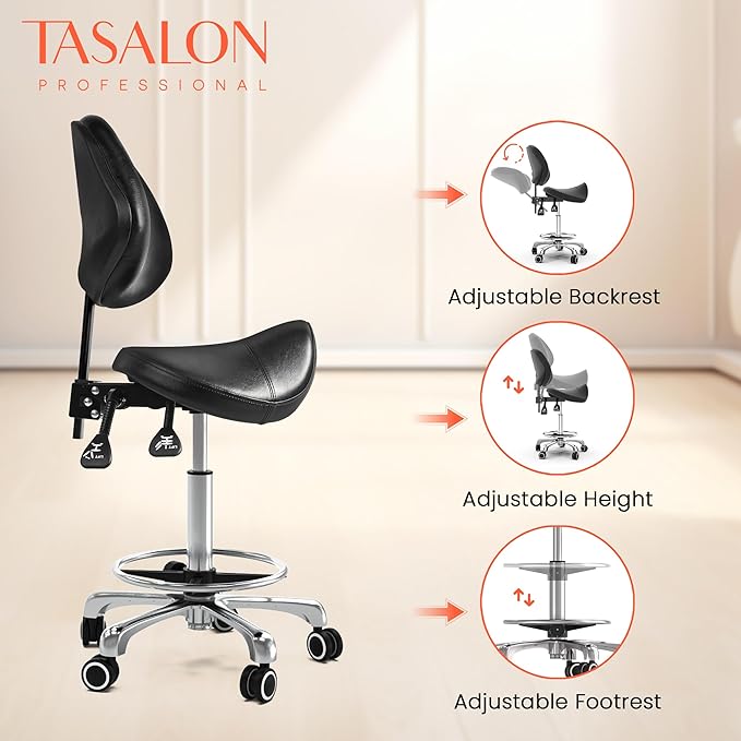 TASALON Saddle Stool with Back Support Ergonomic Adjustable Stool with Wheels - Swivel Salon Cutting Stool for Kitchen, Salon, Spa, Tattoo, Pedicure, Massage -Esthetician Chair – Black