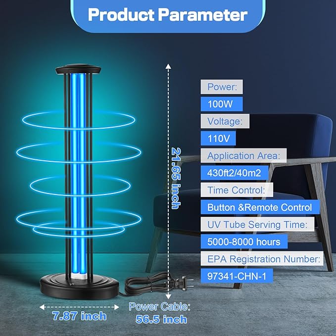 Qualirey 100W UV & Ozone Sanitizer, High Power Room Disinfection Light with 3 Level Timer & Remote, Whole Room Disinfection for Large Spaces, Offices & Basements