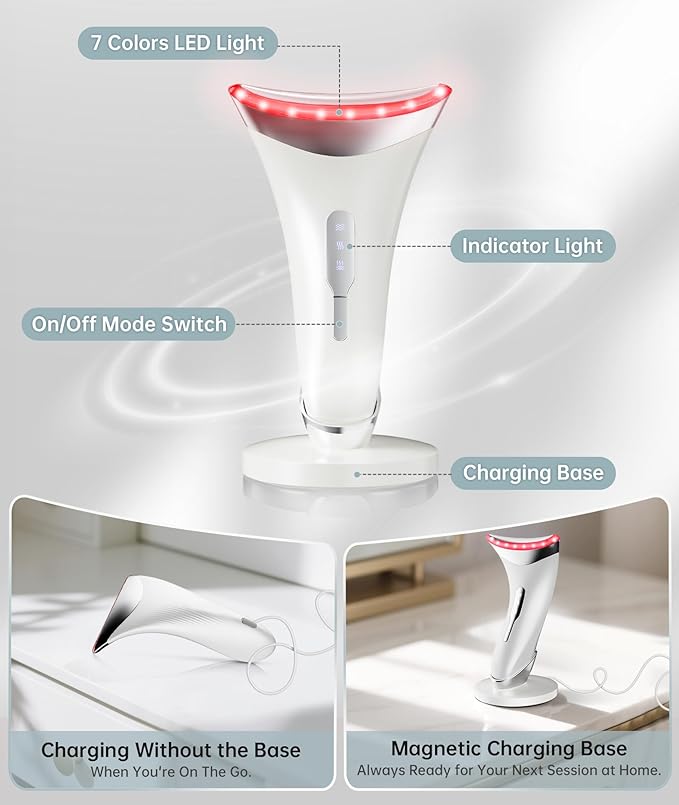 Red Light Therapy for Face and Neck, 7 Color Facial Massager with Adjustable Vibration and Thermals for Wrinkles, Double Chin, Portable Skin Care Tool with Base, White