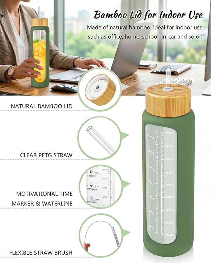Nefeeko 32 oz Glass Water Bottles with Straw, Time Marker, Motivational 1 Liter BPA FREE Leakproof Reusable Glass Water Bottle with Silicone Sleeve, Bamboo, Spout Lid