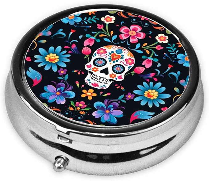 Mexican Sugar Skulls Flowers Print Round Metal Pill Box with 3 Compartment for Pocket or Purse Travel Bag Mini Small Size 2 inche
