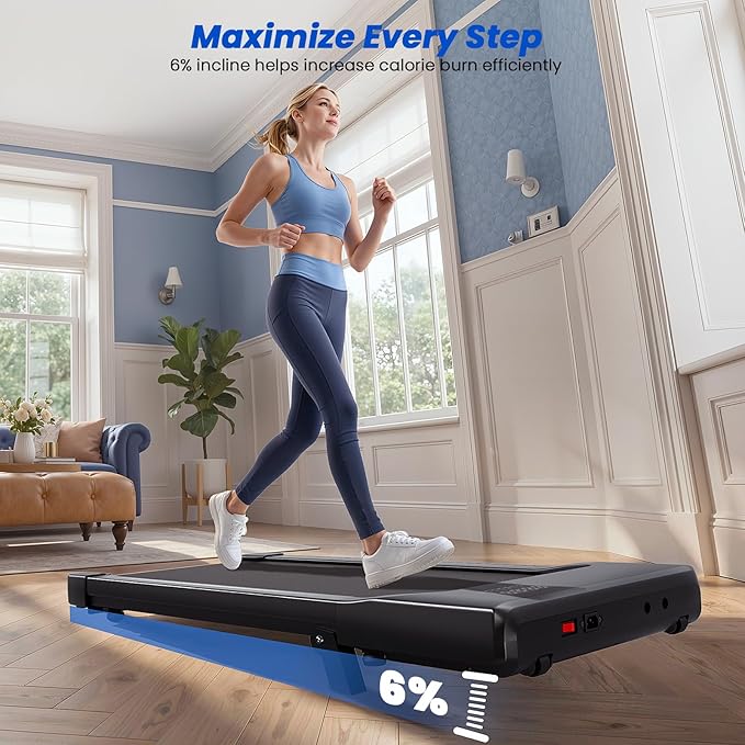 DeerRun Under Desk Walking Pad Treadmill for Home & Office, 6% Manual Incline, 2.5 HP, 0.6–3.8 MPH Walking Speed, 300 lb Capacity, App & Remote Control