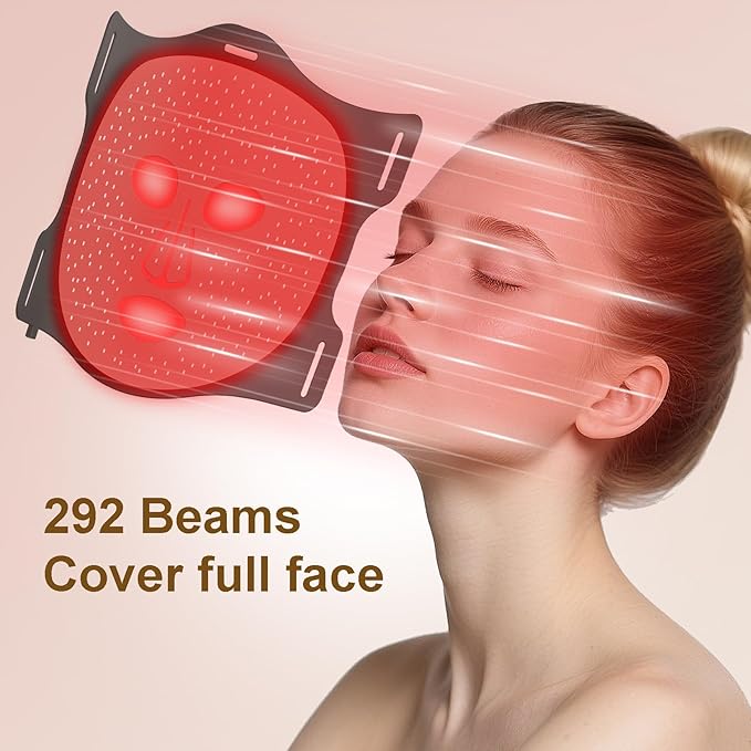 VYM Red Light Therapy for Face: High-Energy Super Lightweight 292 LEDs Cordless Professional Light Therapy Mask Infrared LED Face Mask at Home Travel 2mm Thickness - Black Bag