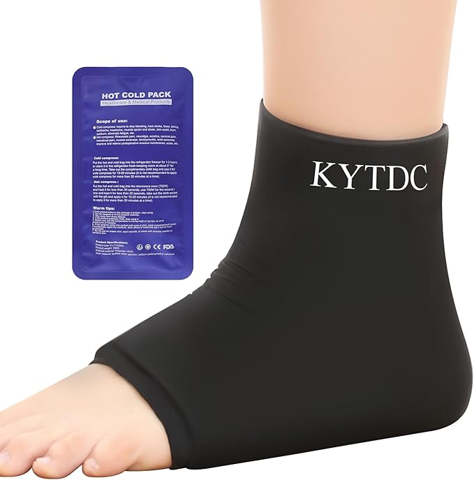 Ankle Ice Pack Wrap Reusable Gel Cold Compression Sleeve for Swelling, Sprained Ankle, Achilles Tendonitis & Plantar Fasciitis Relief（Black+Cold Ice Pack，Small/Medium）