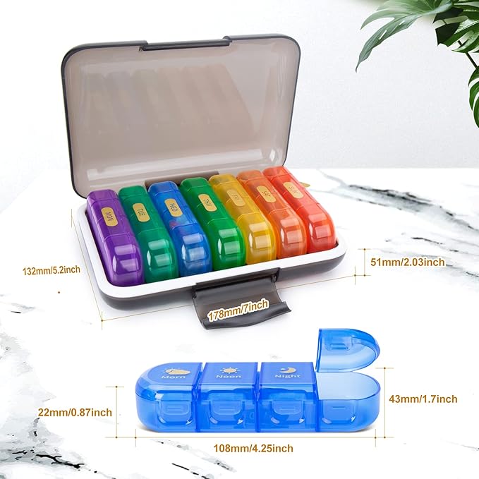 MURRI&MURRDI 7-Day Pill Organizer with 28 Cells, Large Weekly Pill Case for 4 Daily Compartments, Moisture-Proof Travel Pill Box for Vitamins, Medications, Supplements, Multi-Color