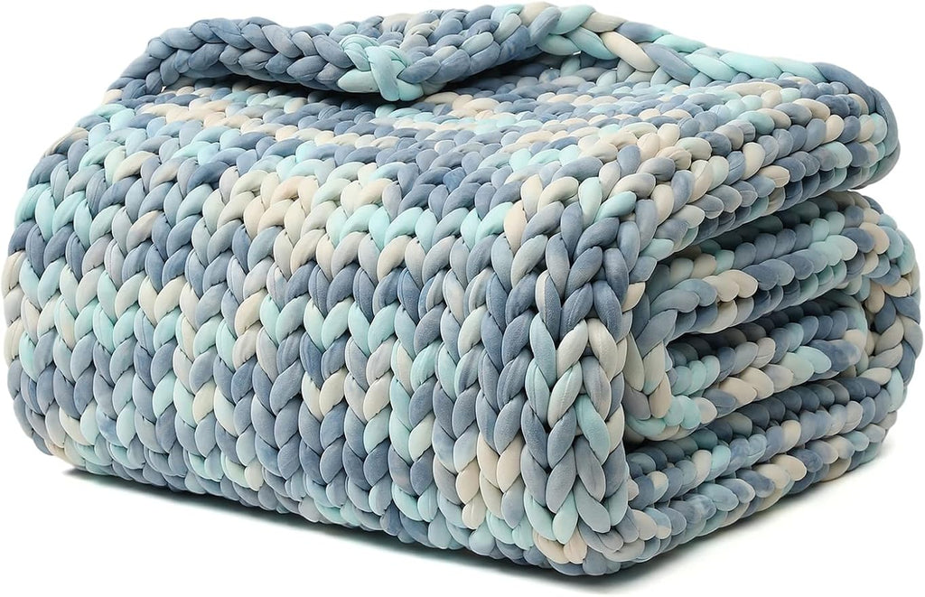 YnM Weighted Blanket, Handmade Chunky Knitted Design, Soft and Cozy, Temperature Regulating and Breathable, Machine Washable Throw for Sleep or Home Decor (Light Blue Tie-Dyed, 60x80 Inch, 20lbs)