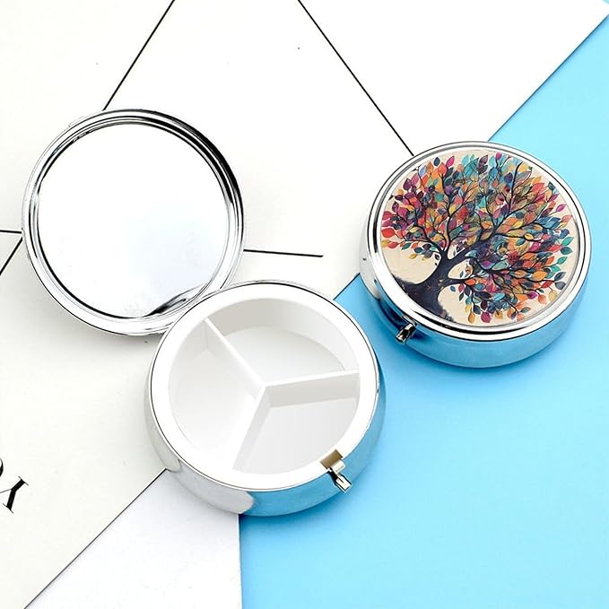 Pill Box-3 Compartment Small Pill Case, Portable Round Pill Box for Pocket or Purse, Decorative Metal Medicine Vitamin Organizer. (Tree)
