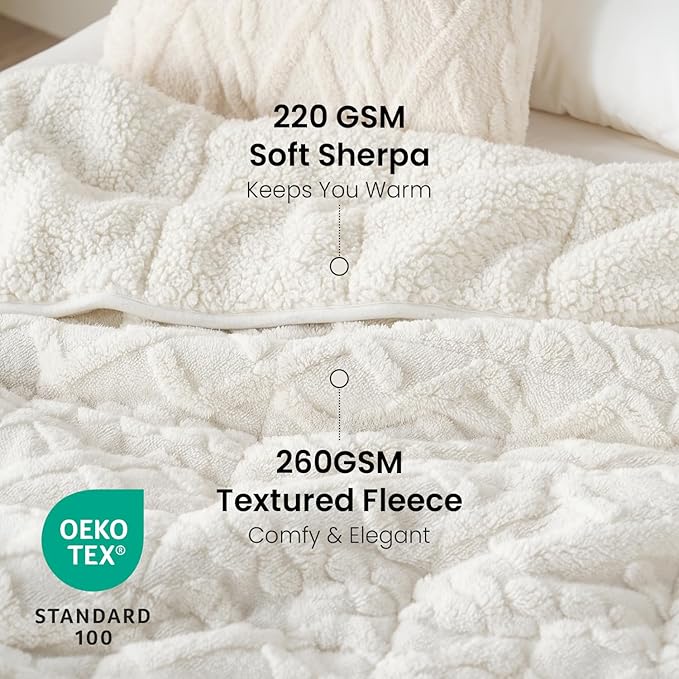 Drewin Weighted Blanket for Adults Queen Size 15 lbs, Soft Fuzzy Jacquard Sherpa Weighted Blankets for Sleeping, Cozy Sofa Bed Blanket for Winter, Cream White, 80 x 87 inches
